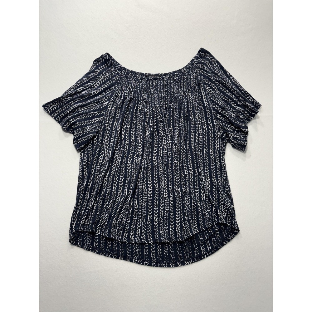 Lucky Brand Blouse Womens XL Blue Geometric Scoop Neck Flutter Sleeve Jersey Top